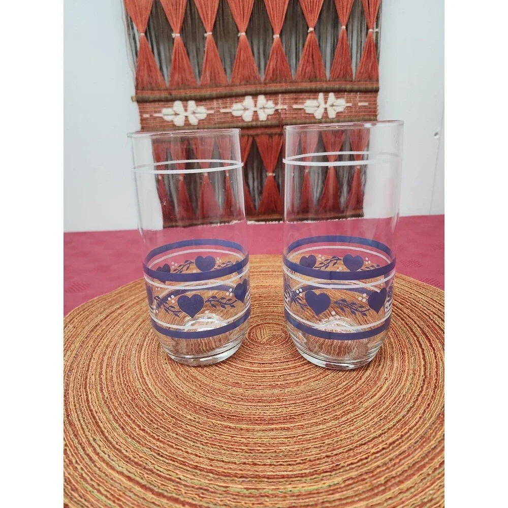 Vintage Libbey Blue County Hearts 16 Oz Tumblers Set Of 2 Cottagecore Grannycore